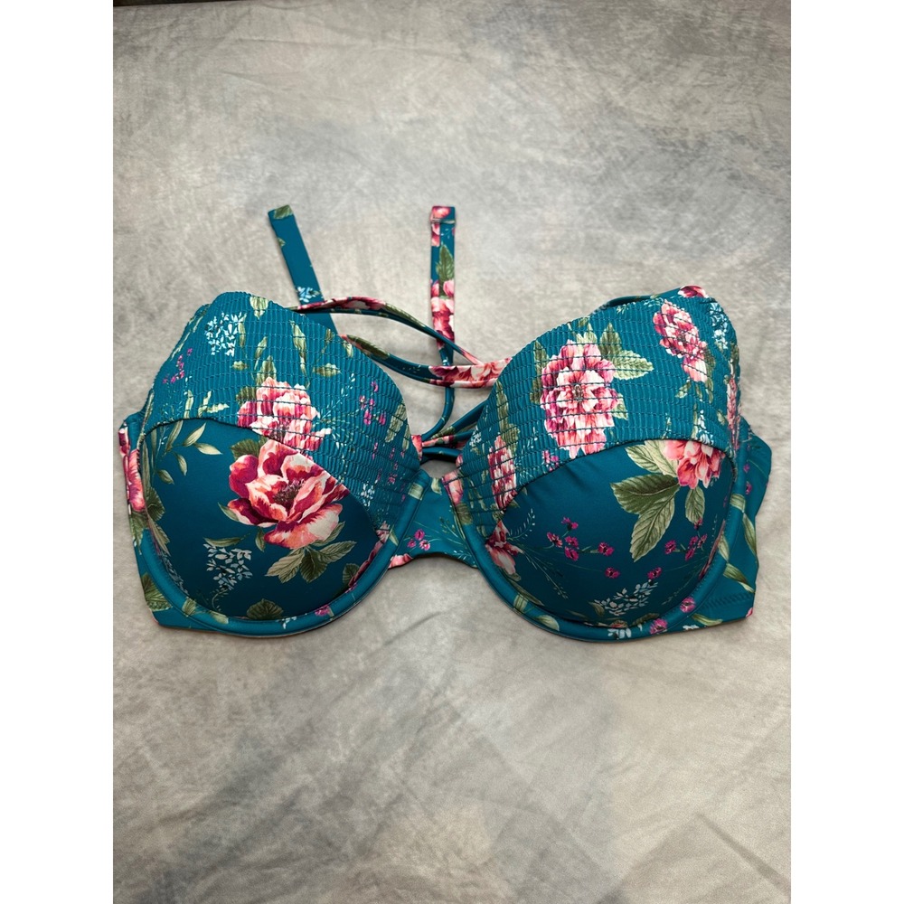 Shade & Shore Teal Floral Smocked Underwire Bikini Top 36DD Pink Flowers